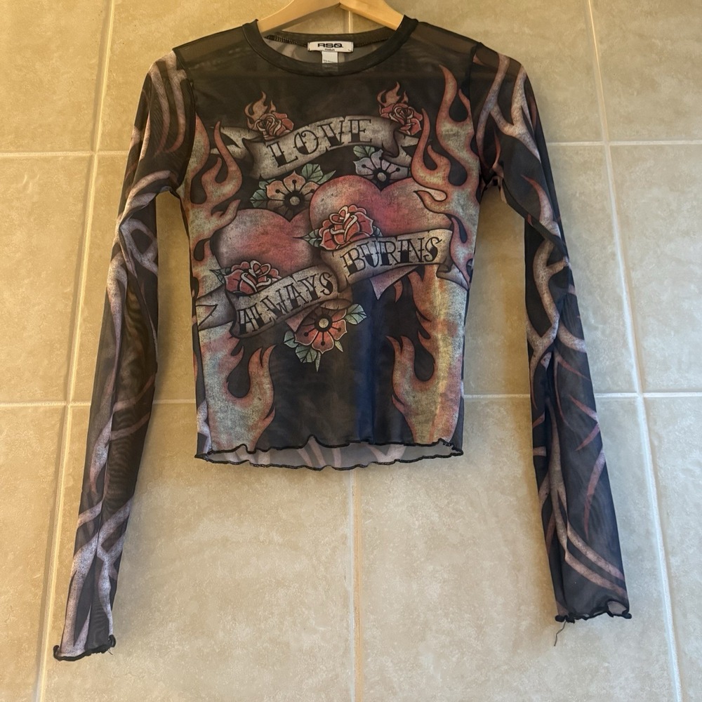 RSQ Black Tattoo Women Mesh Sheer Tee Top Love Always Burns Motorcycl Y2K Medium - Picture 11 of 11